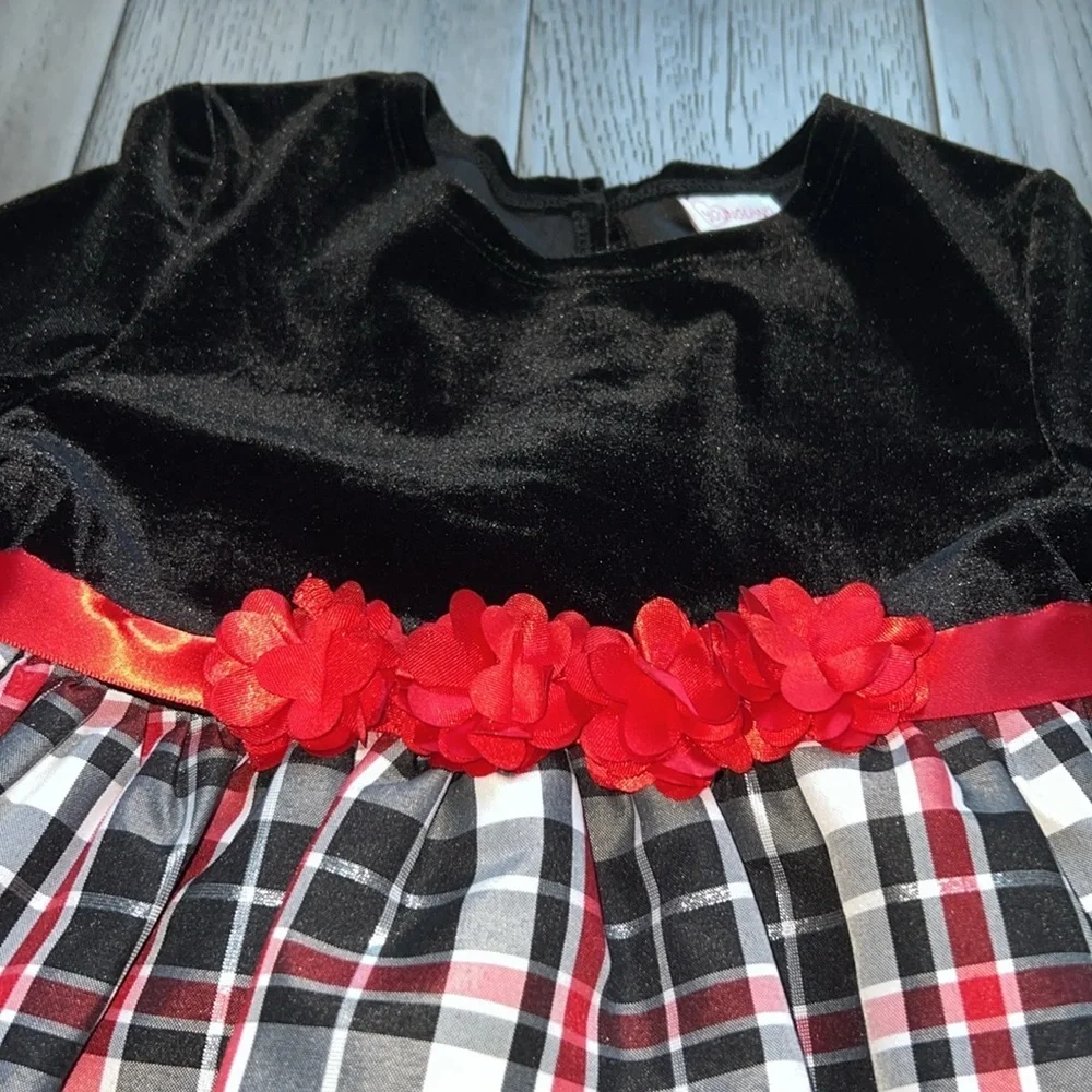 Long sleeve velvet top holiday dress with Front floral attached sash